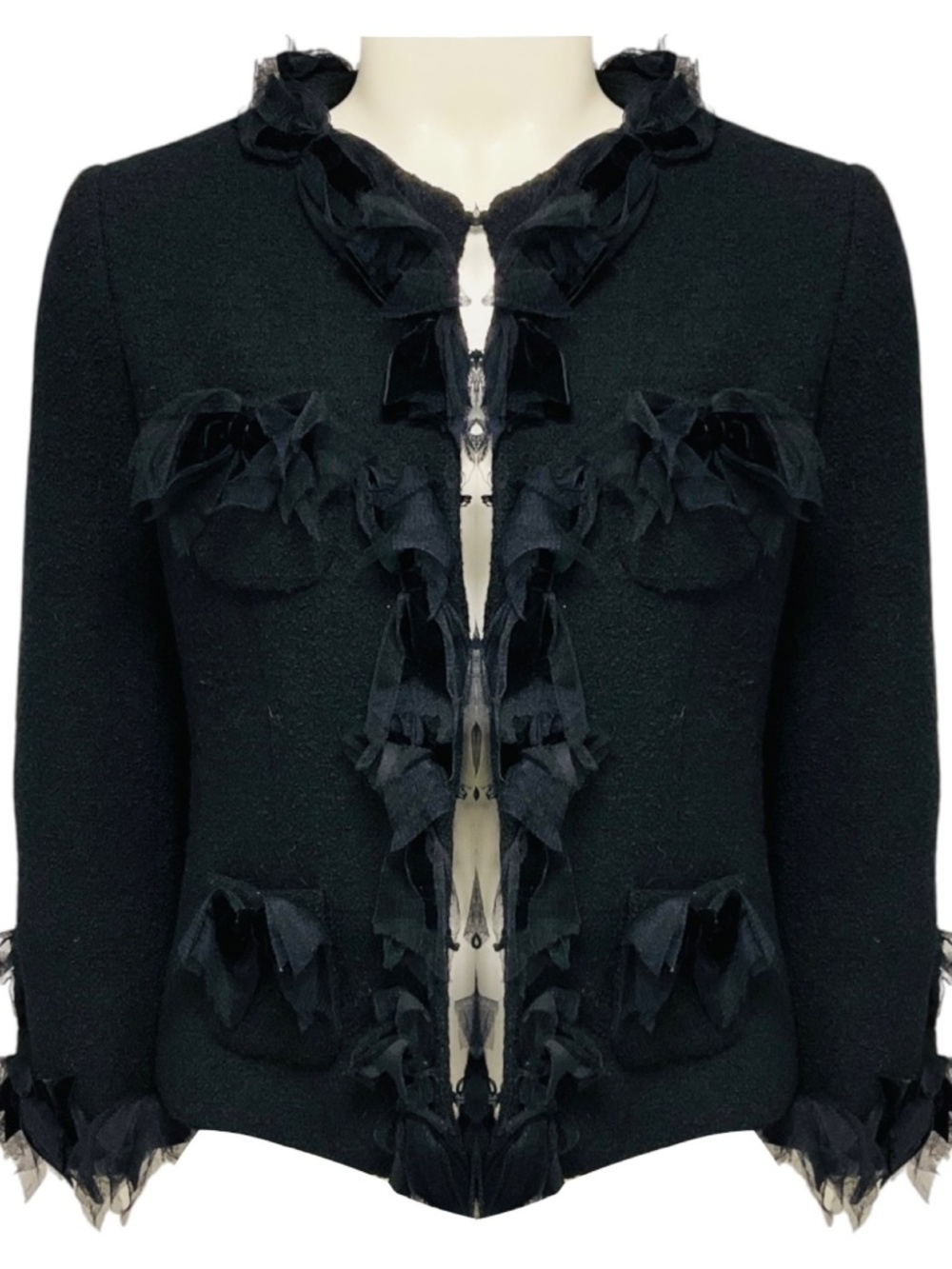 MOSCHINO BLACK WOOL TWEED JACKET WITH MESH TULLE TRIM AND VELVET BOWS